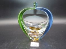 A vintage Czech Art Glass basket by Mstisov Glassworks, 8" tall, 6 1/2" wide.