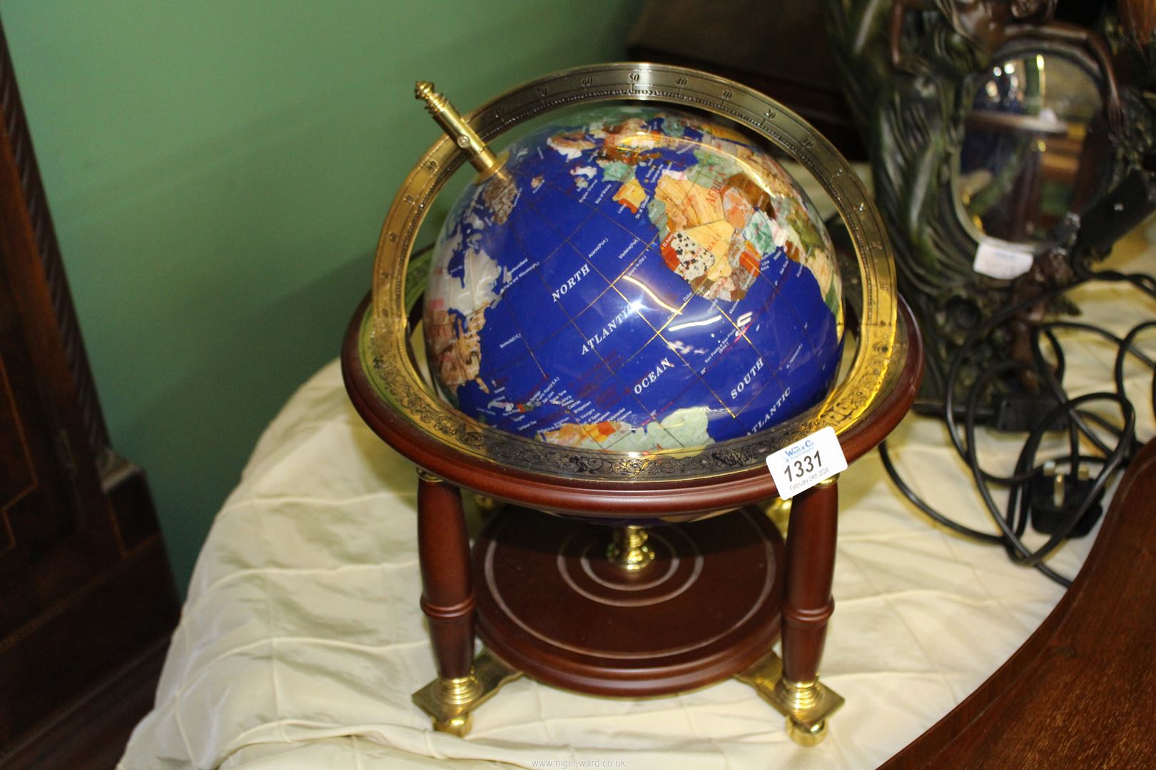 A semi precious stone Globe on a brass and wood stand, 15'' tall. - Image 2 of 2