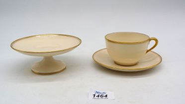 A Tiffany & Co Lenox Cup, saucer and tazza made for Frederick Keers & sons, Newark, N J.