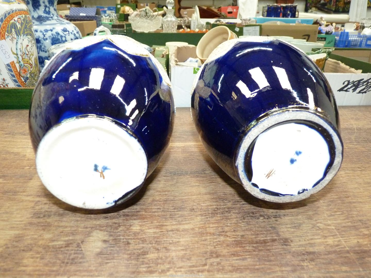 A pair of Thomas Forester vases, in deep blue, cream and gilt with lilac interior 10" tall. - Image 2 of 2