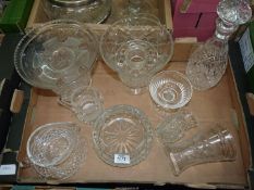 A quantity of glass including Waterford jug and sauce boat, flower vases with frogs, decanter etc.
