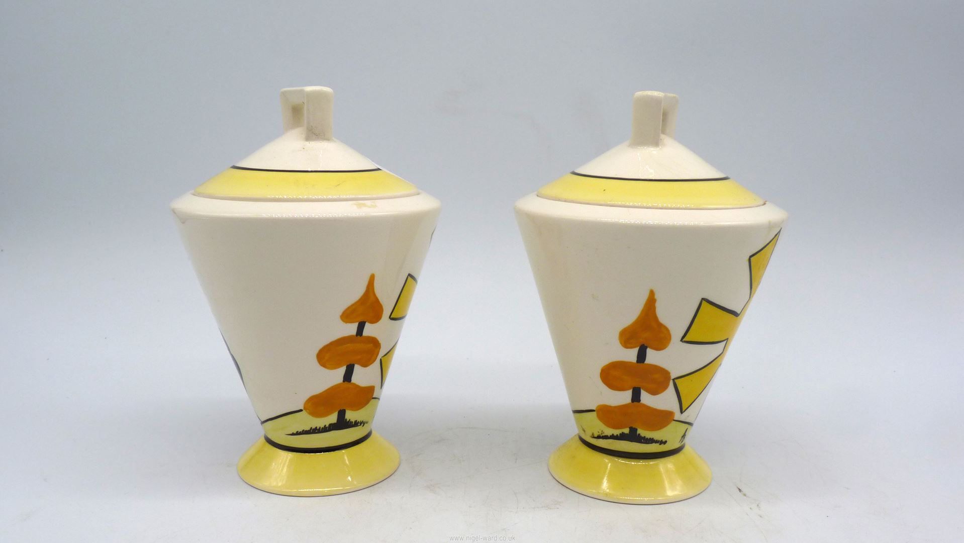 A pair of Elements of Fire lidded Pots with Day and Night pattern, 6 1/2" tall. - Image 2 of 4