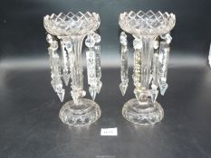 A pair of 19th c clear glass slice and diamond cut Lustres complete with all 16 drop prisms 10"