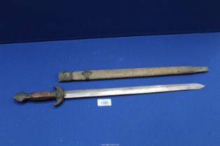 A Short Sword with inset copper detail to blade, 24'' long overall and sheath of shagreen and metal.