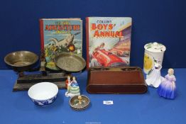 A quantity of miscellanea including 1950's Boys Annual, scales, grooming kit, Coalport 'Loretta',