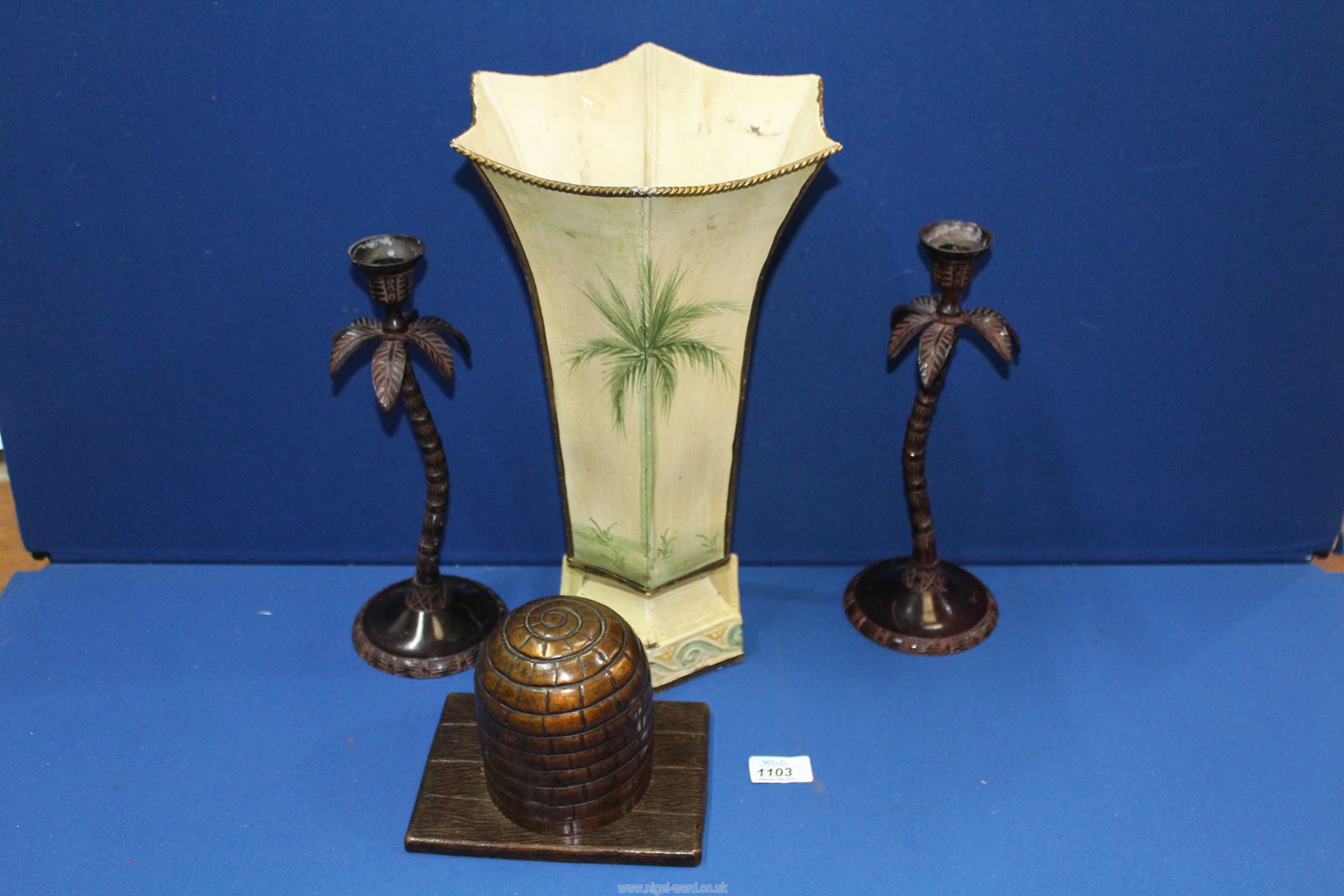 A trumpet shape Toleware vase painted palm trees 15" tall,
