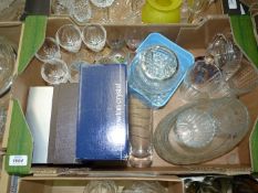 A quantity of glass including three boxed sets of pairs of glasses, rose bowl, clock, tumblers,