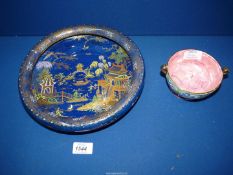 A Carlton ware dish with Oriental scene on blue ground and a small Maling lustre footed bowl.
