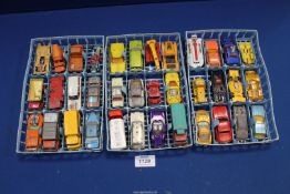 Three trays of toy vehicles including; Matchbox Hovercraft, Corgi Juniors Formula 1 racing car,