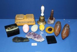 A small quantity of miscellanea including Treen Standish with glass inkwells and a pair of clogs,