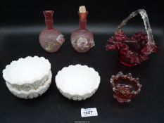 A pair of pink gradient crackle glaze glass vases plus a Cranberry basket with ruffled rim and