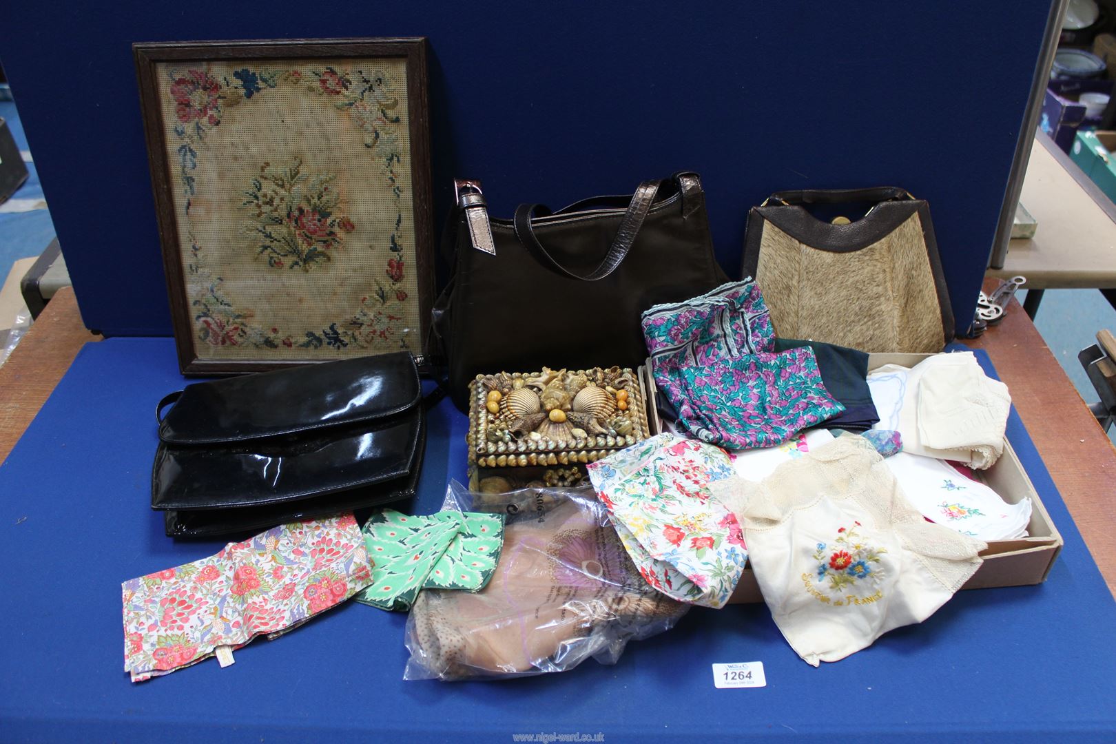 A quantity of textiles and bags to include an Asprey box of handkerchiefs, Liberty, etc.