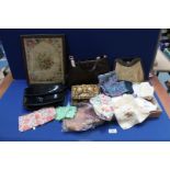 A quantity of textiles and bags to include an Asprey box of handkerchiefs, Liberty, etc.
