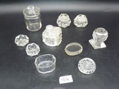A quantity of small cut glass items including pairs of salts, cut glass cruet set,