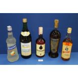 Five bottles of alcohol including White Horse Whisky, Metaxa, Spanish Brandy, Melon Vodka, etc.