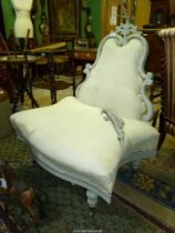 A grey painted wood show framed Hall Seat upholstered in cream fabric and standing on turned legs
