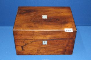 A mahogany ladies travel box having Mother of Pearl escutcheon and lower drawer opened by a brass