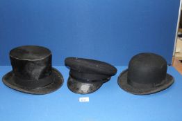 A Battersby & Co Top Hat, a Bowler hat and a black peaked Cap.