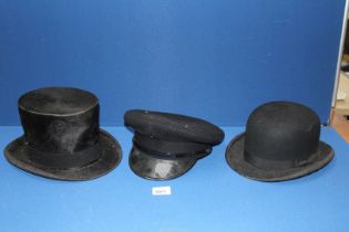 A Battersby & Co Top Hat, a Bowler hat and a black peaked Cap.