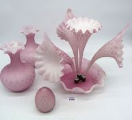 A pink lattice "Jack in the pulpit" Epergne,10 1/2" tall in four sections with two matching vases,