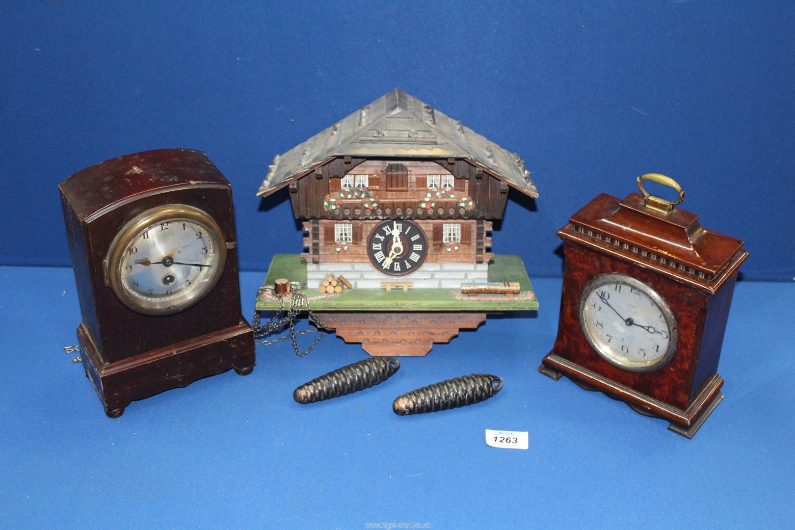 Two wooden Mantle clocks and a Cuckoo clock with weights. - Image 2 of 2