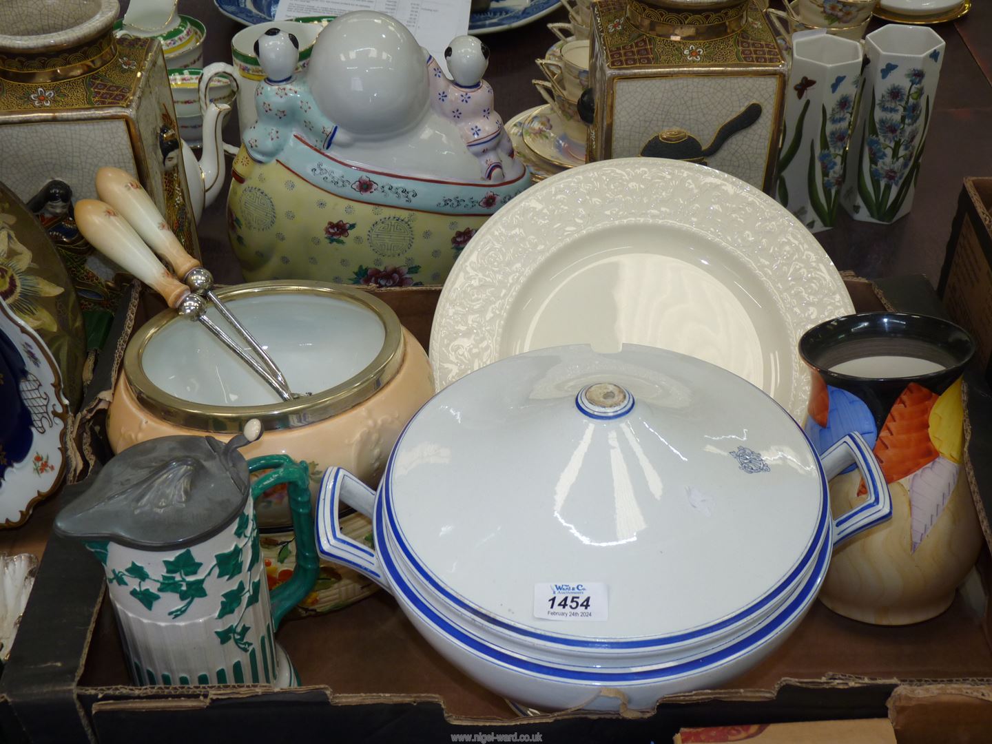 A quantity of china including; salad bowl having epns rim with servers, pewter lidded jug,