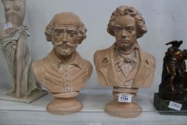 Two terracotta coloured plaster busts; one of Beethoven, 13" tall, the other of William Shakespeare,