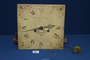 An eight day Longcase Clock movement and enamel face marked W Nickisson, Stone.