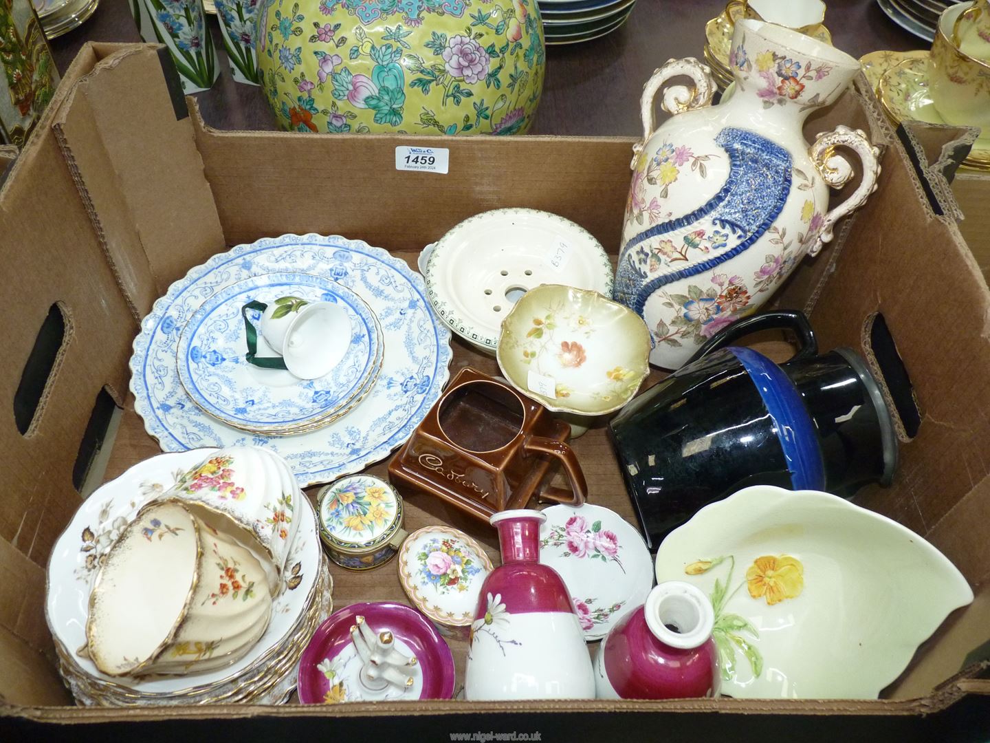 A quantity of china including; Royal Albert saucers & plate, Portmeirion bell,