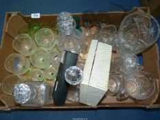 A quantity of glass including three decanters, vases, jugs, set of five uranium green glasses, etc.