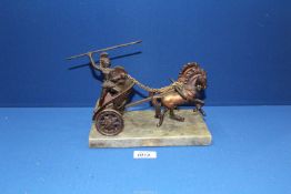 A copper finish Chariot on a marble plinth with gladiator and horses 12" x 5" high.