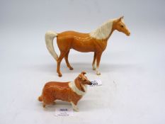 A Beswick Palomino horse and Collie dog.