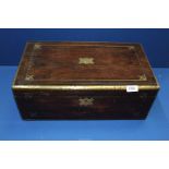 A large brass bound and inlaid correspondence box having brass inset side handles - the writing