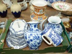 A box of china to include blue and white Alexis Adderleys plates, tureen,