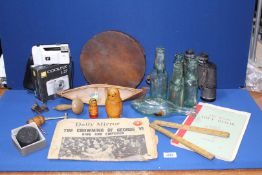 A quantity of miscellanea to include; Codd bottles, Boots 10x10 binoculars, tambourine,