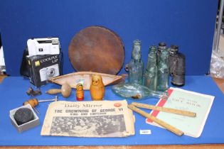 A quantity of miscellanea to include; Codd bottles, Boots 10x10 binoculars, tambourine,