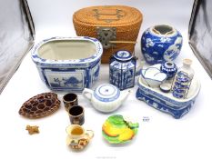 A box of assorted china, mostly Oriental blue & white, including; Chinese tea set in basket,