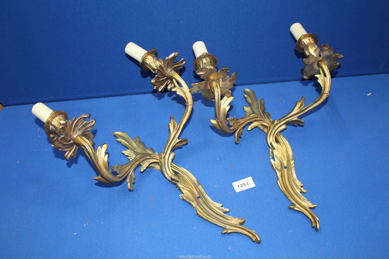 A pair of gilt metal double wall candelabras converted to electric 15" high - one a/f.