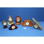 Six small Mantle clocks including Mercedes, slate, anniversary, wood, etc.