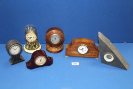 Six small Mantle clocks including Mercedes, slate, anniversary, wood, etc.