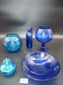 A small quantity of blue glass including a Mdina vase, brandy balloon, lotion bottle etc.