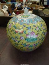 A Chinese style polychrome bulbous Vase (with non-matching lid),