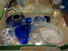 A quantity of blue and clear glass including trifle bowl, fruit basket, decanter, etc.