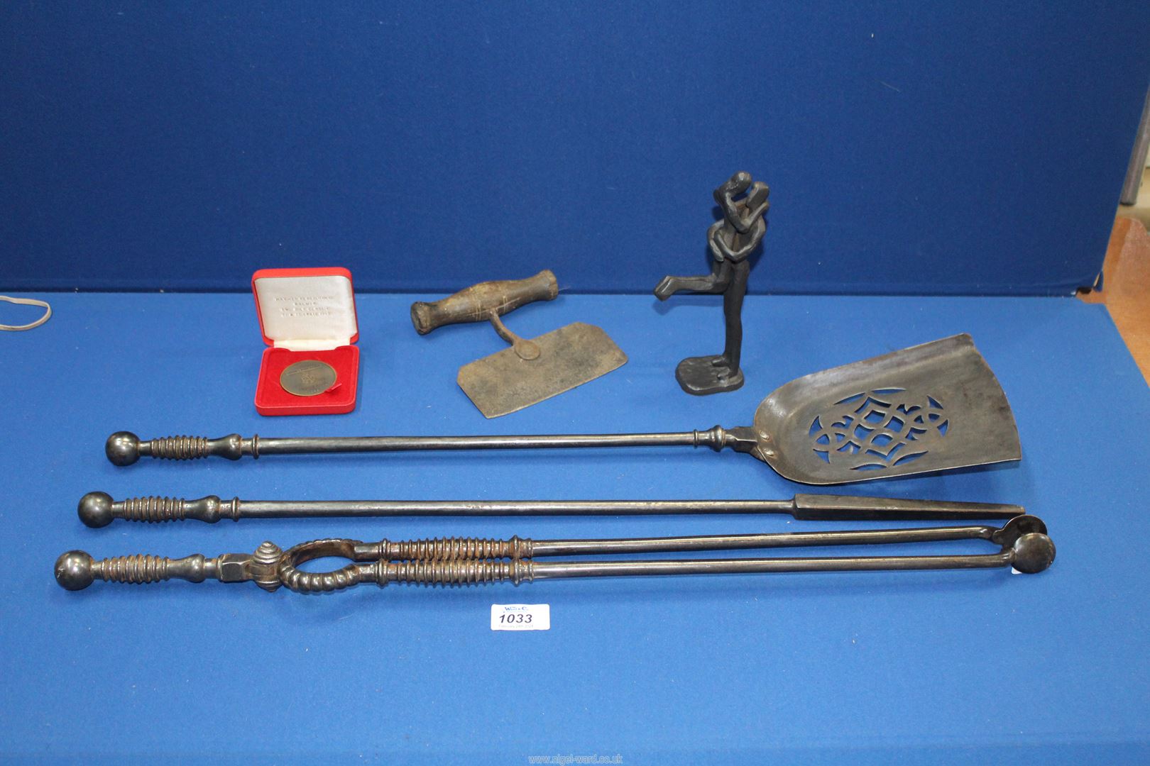 A set of Iron fire irons, a herb cutter and a RAC cased two day Classic 1995 medal.