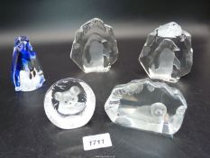 A group of four signed Mats Jonasson Swedish Crystal glass animal sculptures, 3"- 4 3/4" tall,
