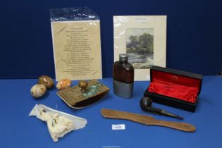 A small quantity of miscellanea including desk blotter pad, hip flask, cased pipe,