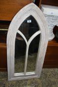 A Gothic arch shaped limed wood effect framed feature Wall Mirror, 18 1/2'' wide x 39 1/4'' high.