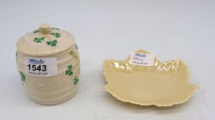 A Belleek preserve pot and heart shaped dish, both with green stamp to base.