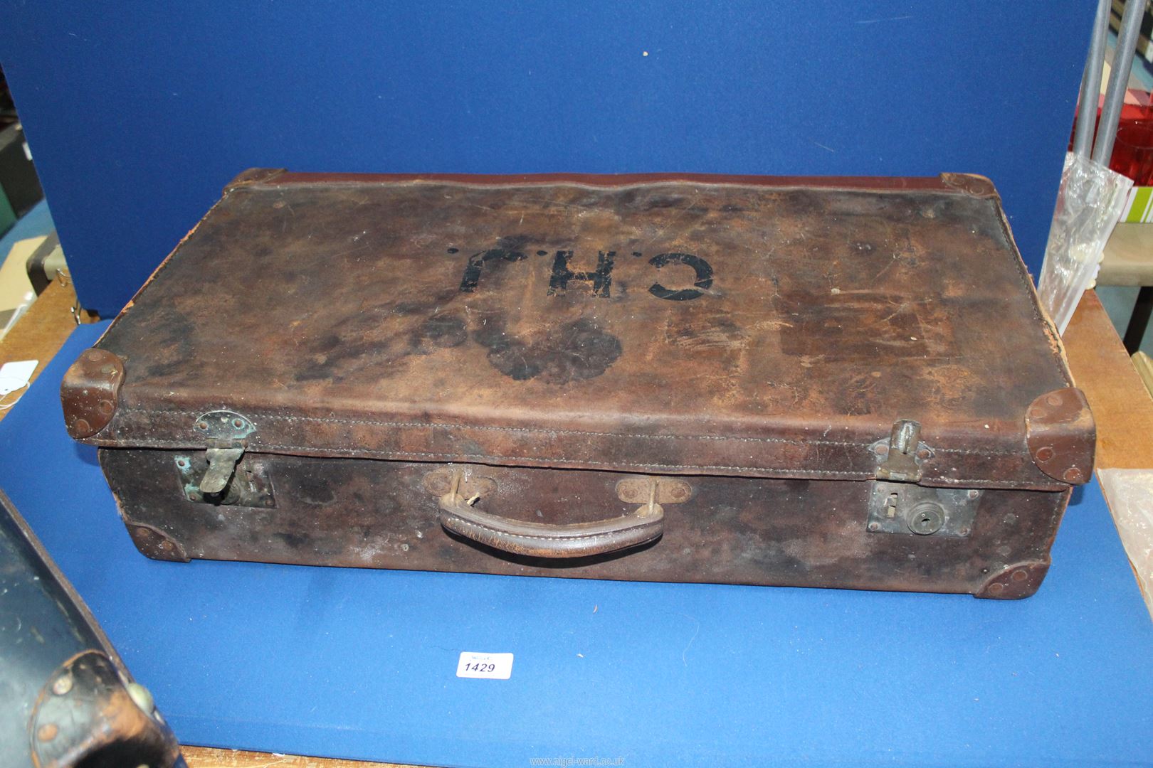 A blue Antler suitcase and a brown leather suitcase, a/f. - Image 2 of 3