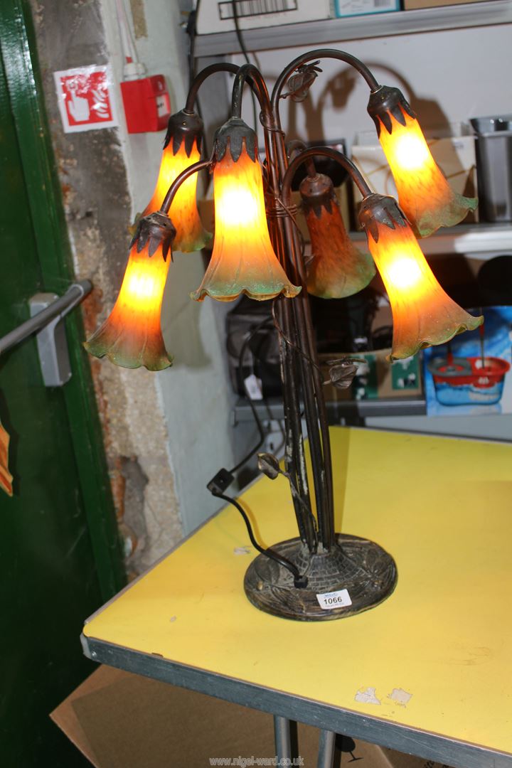 A six branch Lily type table Lamp with cast metal dragonfly base with orange/green shades, - Image 2 of 2